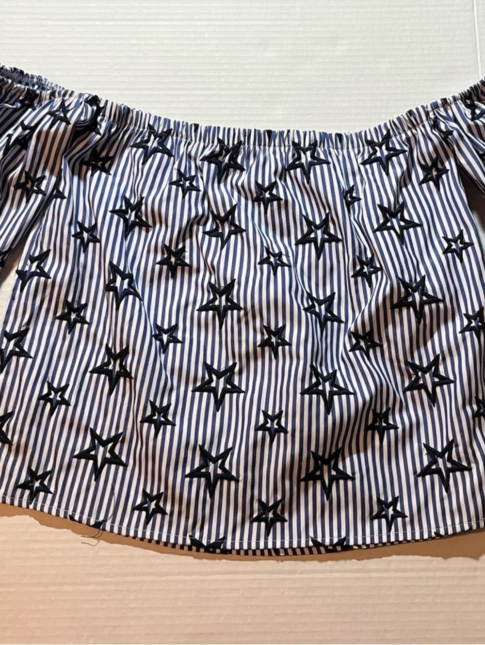 Romeo & Juliet Couture Blue and White Striped Crop Top with Black Stars